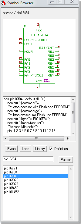 BAE Version 7.4: Schematic Editor: Symbol Browser with Logical Library Definition Display